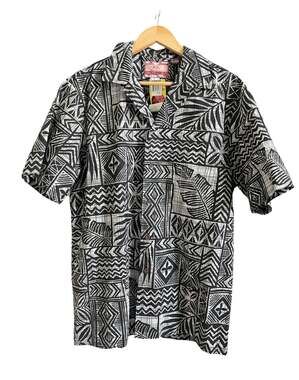 RJC Men's Hawaiian Shirt Black and White Tapa Tribal Print Made in Hawaii Cotton